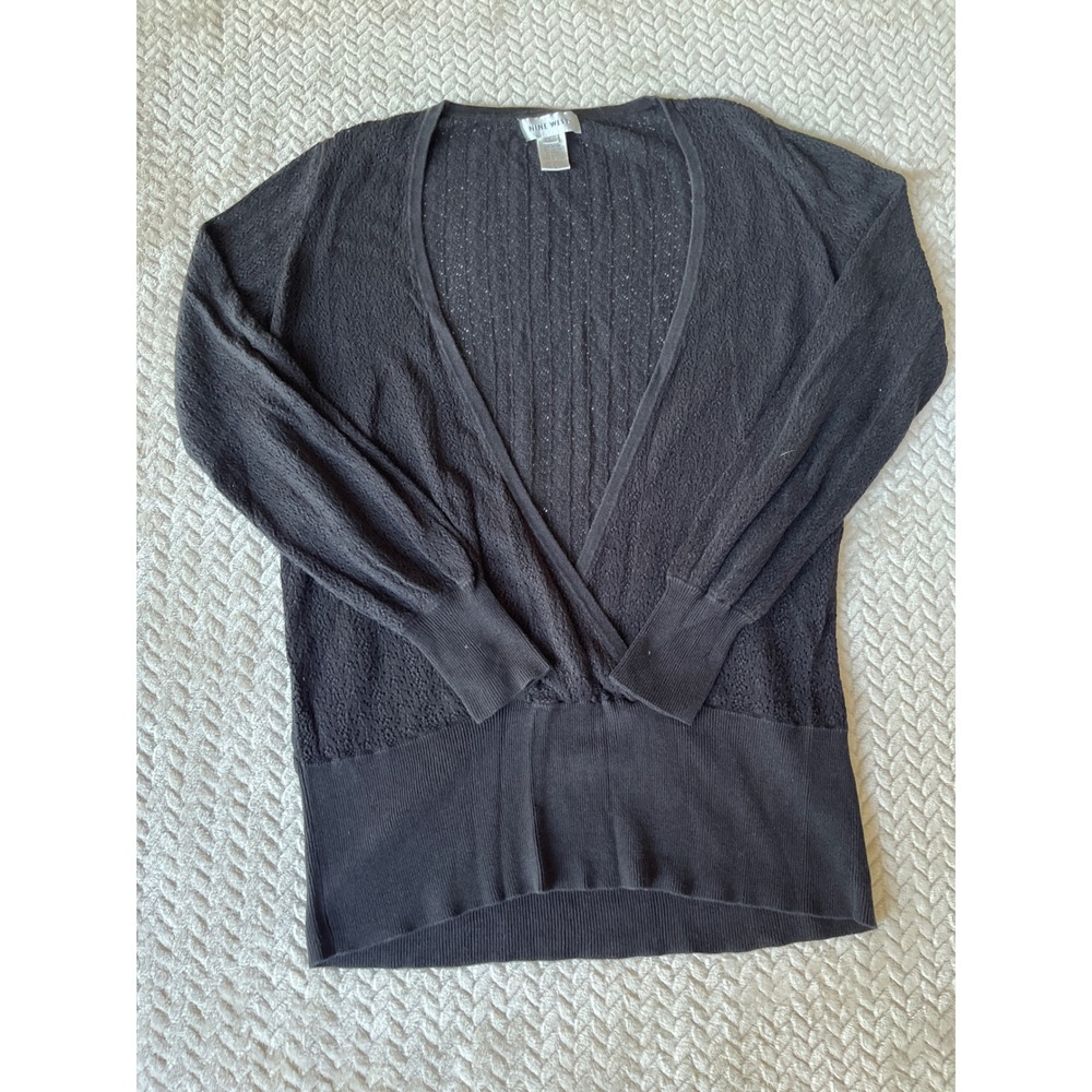Nine West Black Surplice Faux Wrap V-Neck Knit Cardigan Sweater Size Large